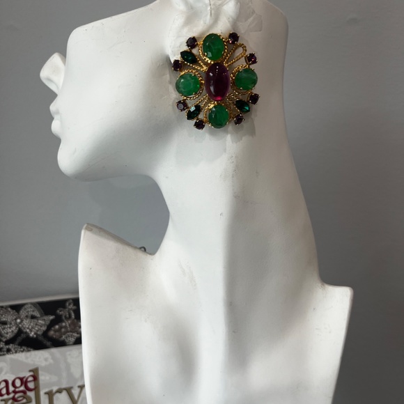 Vintage Bozart Earrings MCM Emerald Green Purple Cabochons GP Oversized Italy - Picture 7 of 7